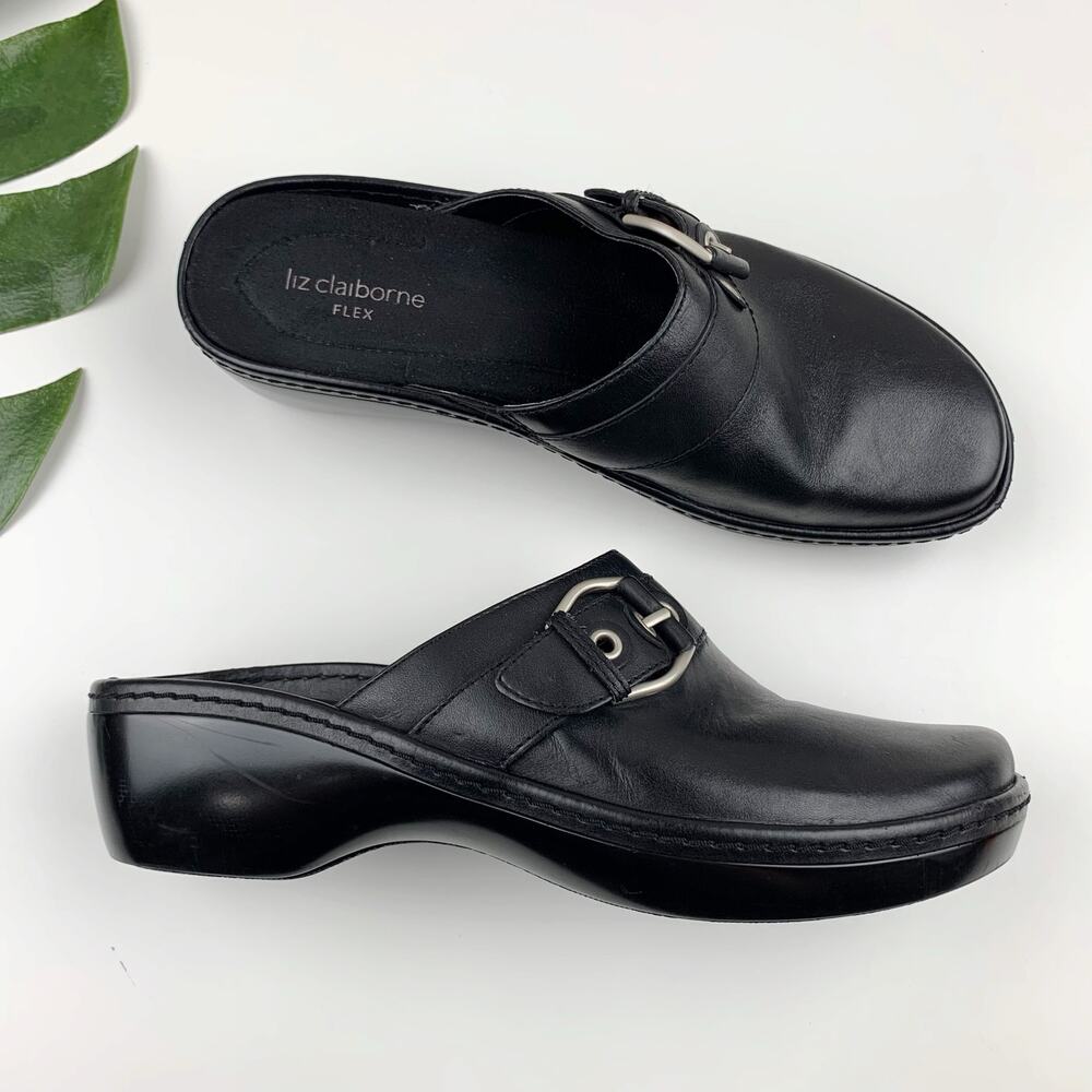 Liz Claiborne Black Leather Slip-On Mules with Buckle